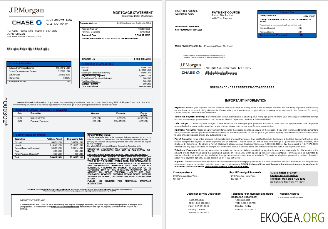 États , Unis Relevé hypothécaire de la banque JP Morgan Chase aux formats Word et PDF 1 , 2
